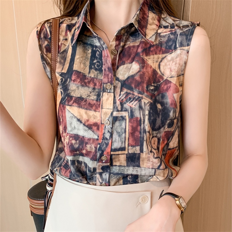 Áo Sơ Mi Chiffon Cổ Bẻ Không Tay In Họa Tiết Hoa Thời Trang Mùa Hè Hàn Quốc Cho Nữ