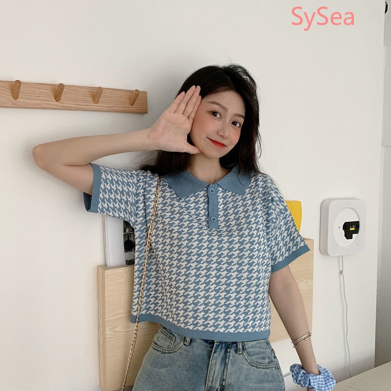 Áo Sơ Mi Dệt Kim Cổ Bẻ Sọc Ca Rô Thời Trang Hàn Quốc Cho Nữ