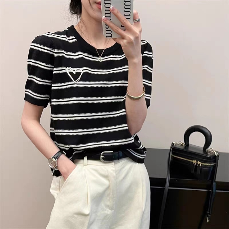 Áo Thun Tay Ngắn Cổ Thuyền Dáng Rộng Họa Tiết Kẻ Sọc Thời Trang Hàn Quốc Cho Nữ