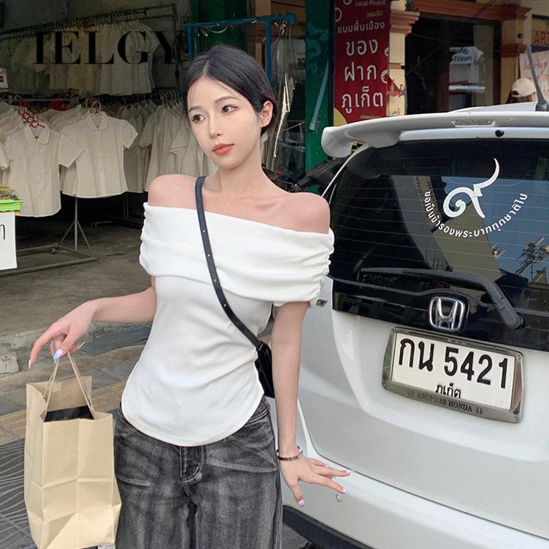 IELGY Áo sweater Dệt Kim Trễ Vai Tay Ngắn Màu Trắng Phong Cách Cổ Điển Thời Trang Cho Nữ