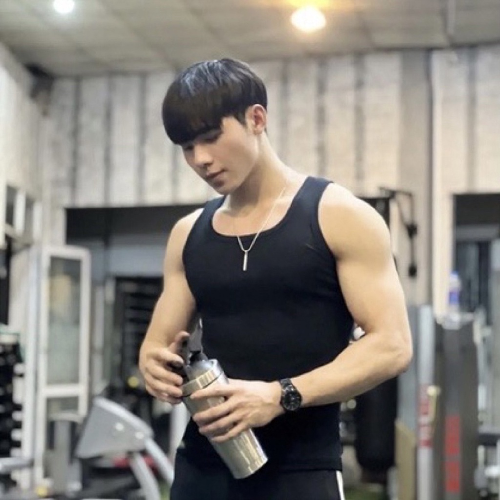 Áo thun gân nam sát nách form body tôn dáng áo ba lỗ cổ vuông vải Cotton sọc gân đũa
