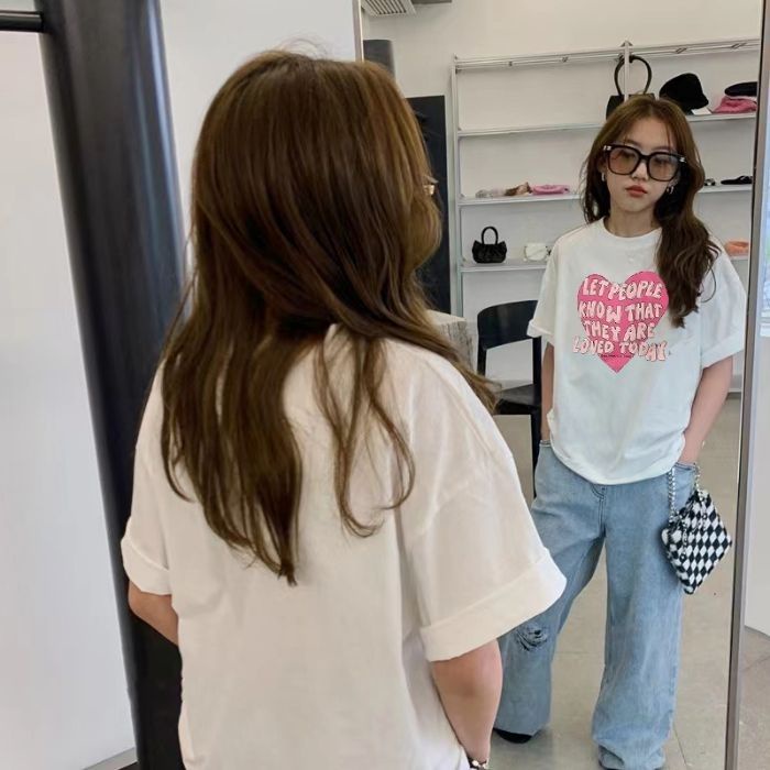 M & H ~  Áo Thun Cotton Ngắn Tay In Chữ Phong Cách Mới 2023 Cho Bé Gái