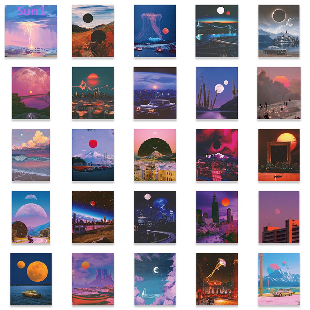 Set 50 Sticker Họa Tiết Hoàng Hôn Hoạt Hình Dùng Để Trang Trí Sổ Tay / Laptop