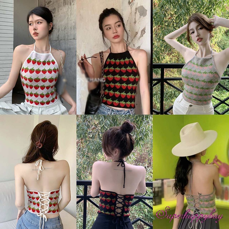 Áo Tank Top Dệt Kim Hai Dây Dáng Ôm In Họa Tiết Dâu Tây Xinh Xắn Thời Trang Cho Nữ