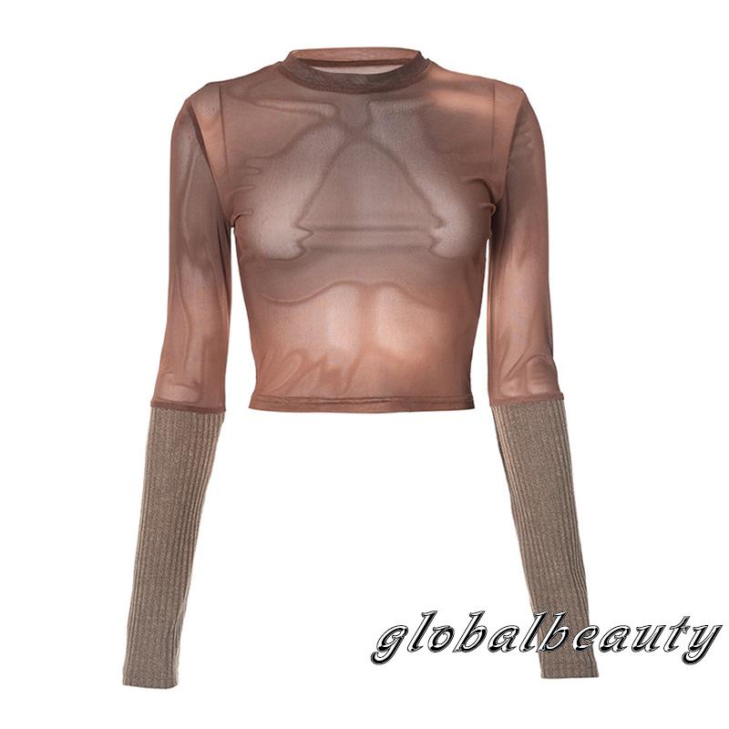Áo Crop Top Tay Dài Cổ Tròn In Màu Nhuộm Phối Lưới Thời Trang Cho Bạn Gái