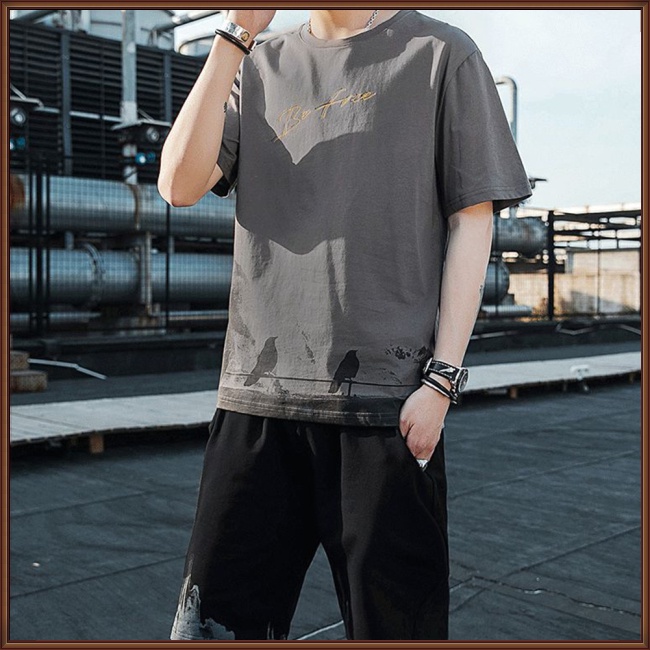 Bộ Đồ Thể Thao Áo Tay Ngắn Cổ Tròn Phối Quần Short Dáng Rộng Thoáng Khí Thời Trang Mùa Hè Cho Nam