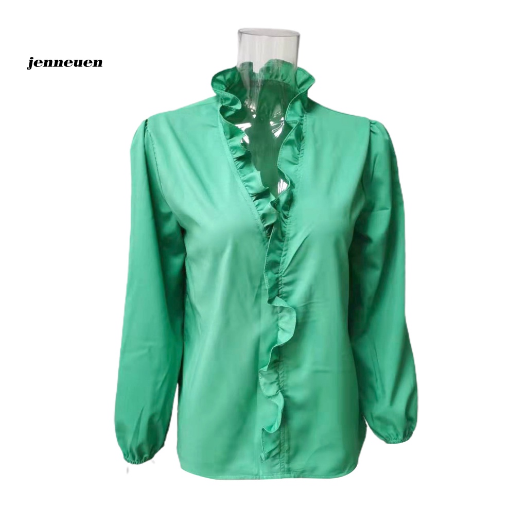 Áo Sơ Mi Tay Dài Cổ V Viền Bèo Co Giãn In Họa Tiết Xinh Xắn Thời Trang Cho Nữ