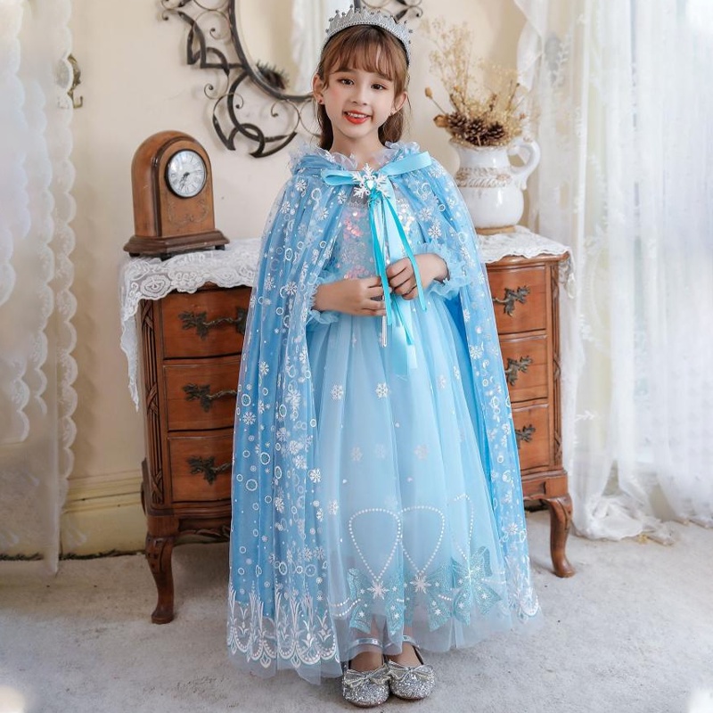 Áo Choàng Lưới Có Nón In Hình Elsa Giáng Sinh Cho Bé Gái