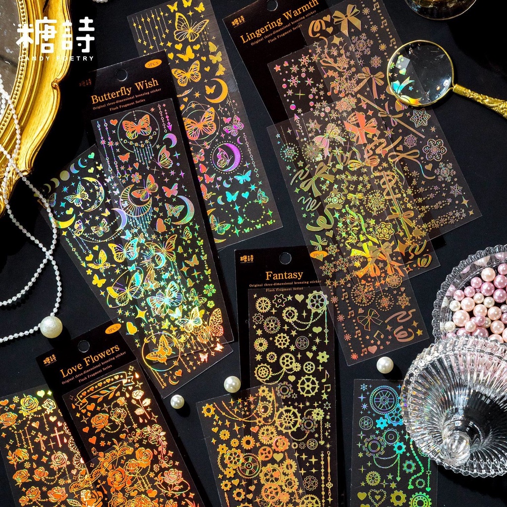 Set 3 Miếng Dán Hình Bướm / Ngôi Sao Màu Vàng Dùng Trang Trí Sổ Tay ​Nhãn Dán Trang Trí Nhật Ký Tự Dính Họa Tiết Chữ Deco