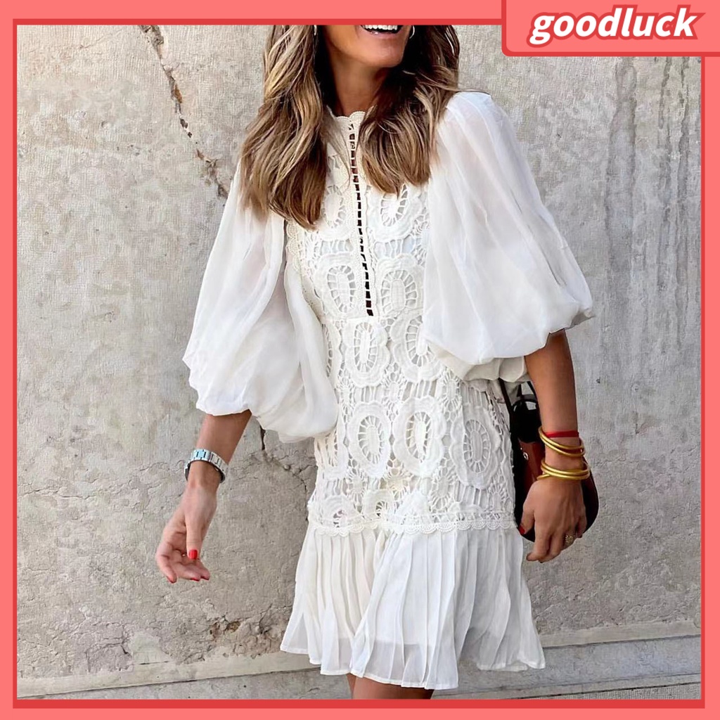 [ULK] Đầm Mini Tay Lỡ Viền Bèo Nhún Màu Trơn Thêu Ren Màu Trơn Họa Tiết Đường Phố