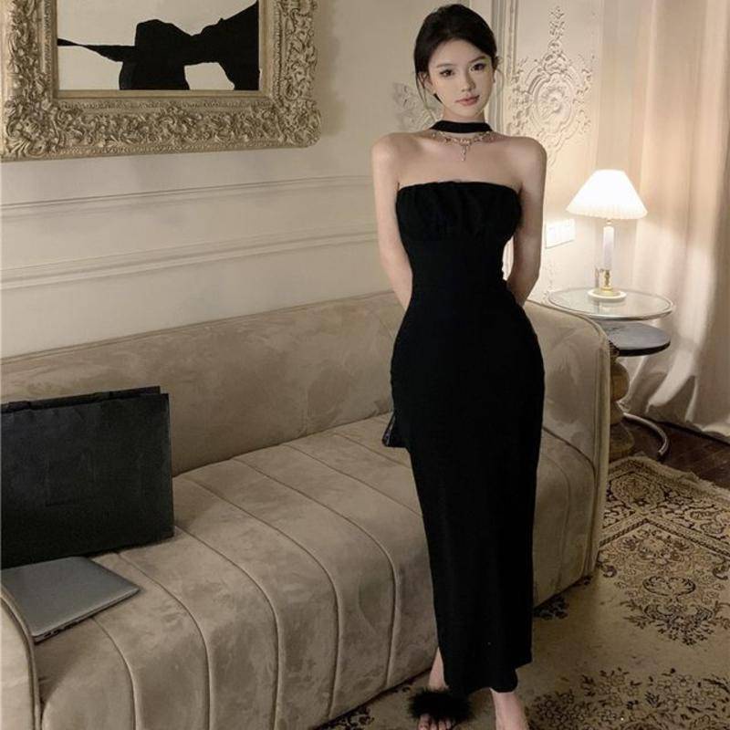 Đầm Hai Dây Hở Lưng Phong Cách Pháp Sang Trọng Cao Cấp Màu Đen Cho Nữ