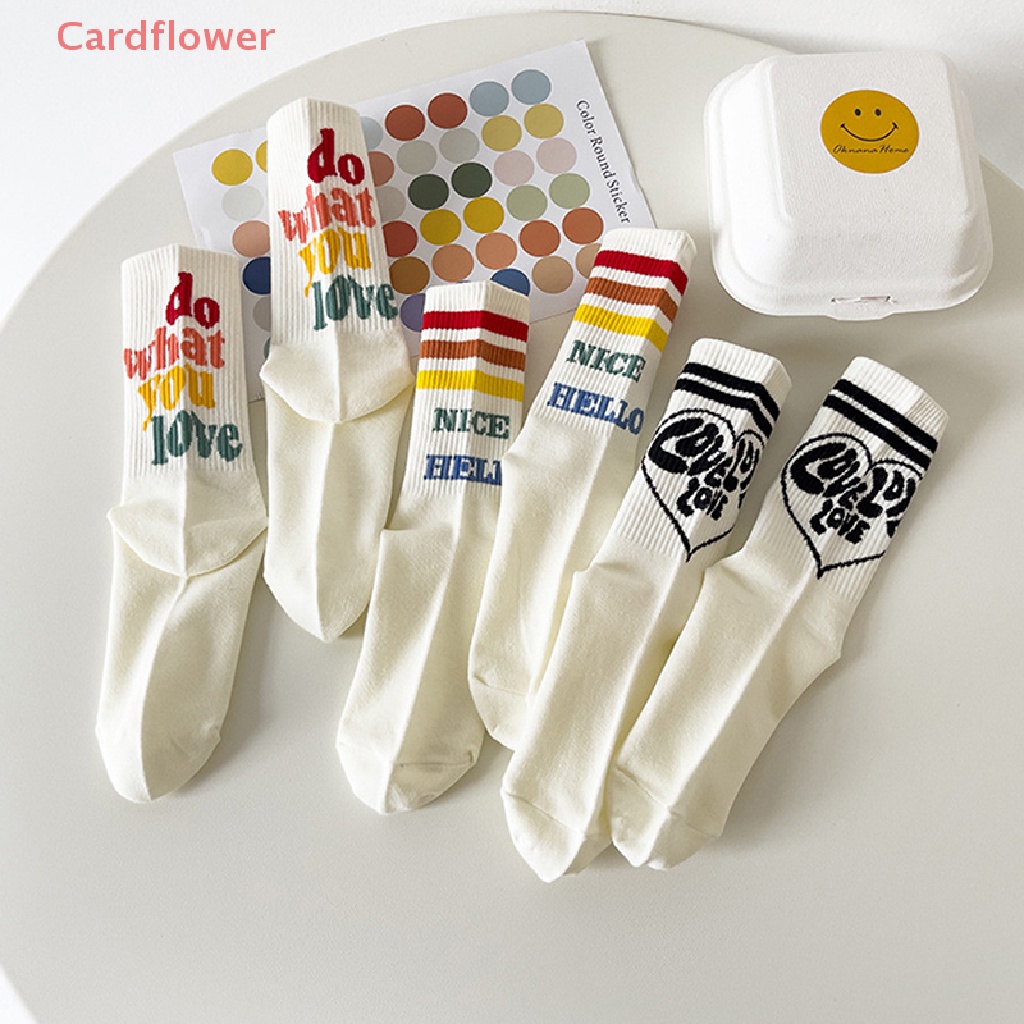 < Cardflower > Vớ Cotton Trắng Thể Thao Mùa Thu Họa Tiết Kẻ Sọc In Chữ Vui Nhộn Mới Cho Nữ