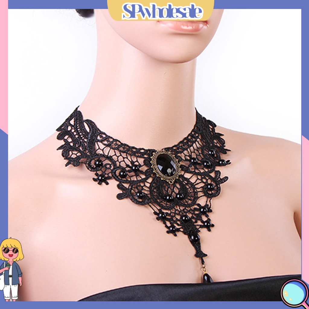 &lt;SPwholesale&gt; Vòng Cổ Choker Ren Màu Đen Đính Hạt Có Thể Điều Chỉnh Kích Thước Dành Cho Bạn Nữ