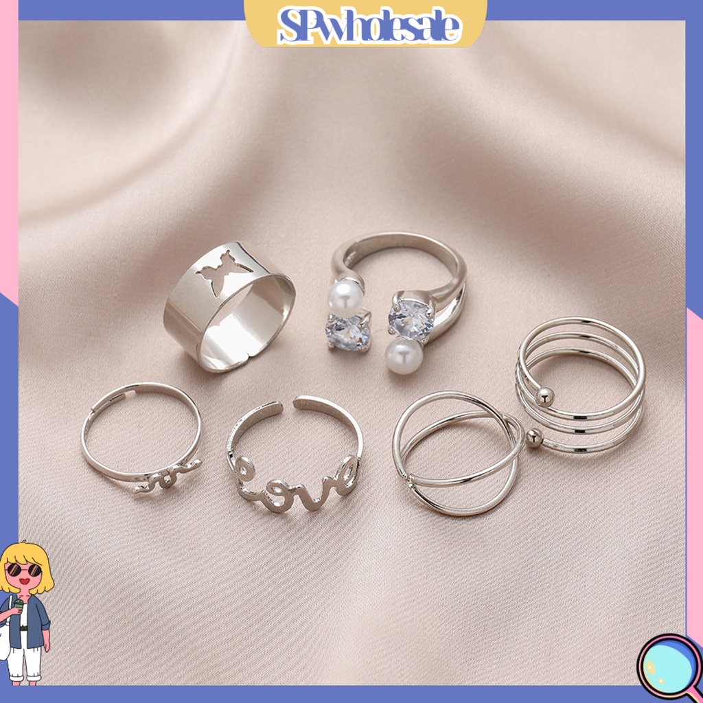 <SPwholesale> Bộ 6 Nhẫn Đeo Ngón Tay Hình Bướm / Ngọc Trai Giả Thời Trang Có Thể Điều Chỉnh Cho Nam Và Nữ