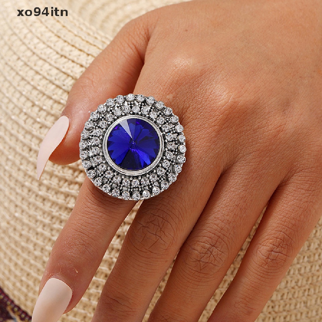 Nhẫn Nữ Mặt Tròn Lớn Đính Đá Pha Lê Phong Cách Boho Cổ Điển