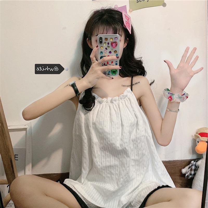 Bộ quần đùi áo hai dây mặc nhà phối viền đen chất thô đũi siêu mát MS1094