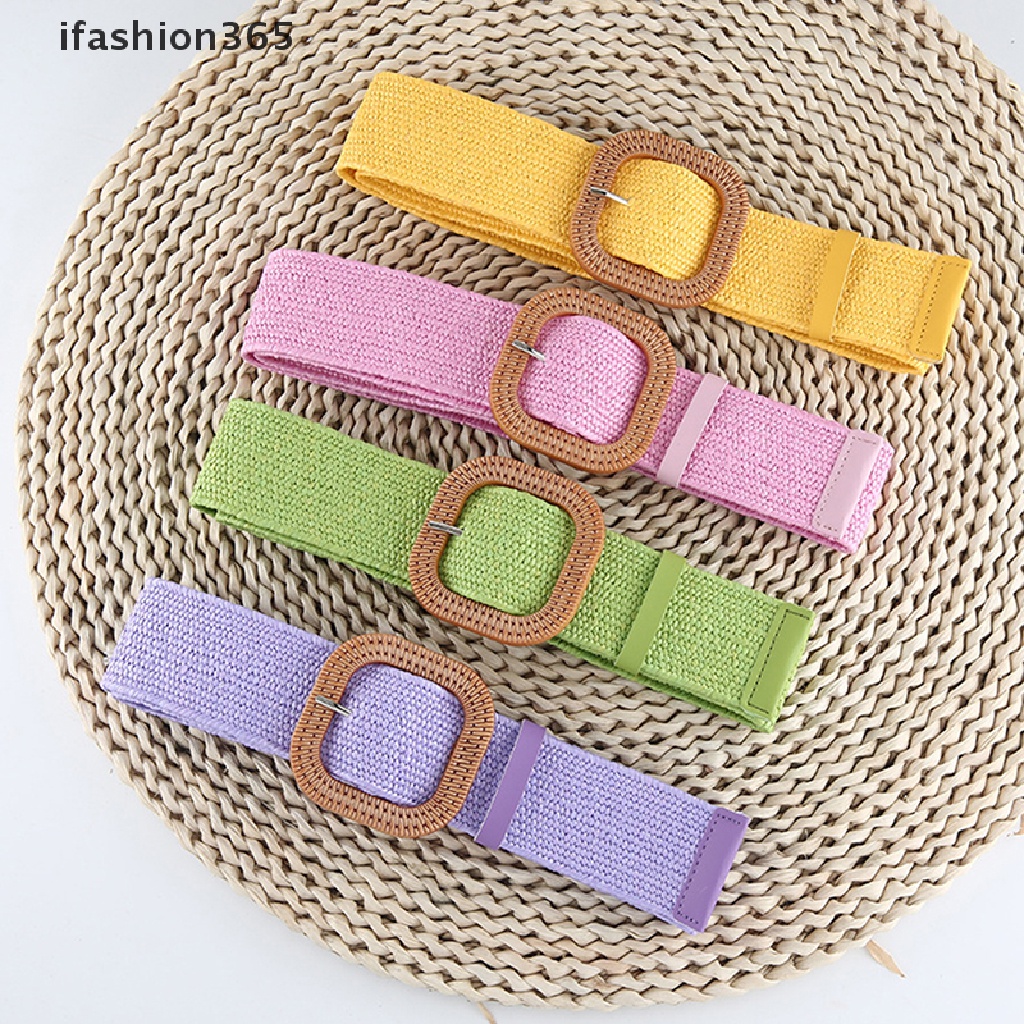 Thắt Lưng Bện Sợi Rơm Bản Rộng Co Giãn Có Khóa Vuông Phong Cách Bohemia Thời Trang ifashion365 Cho Nữ