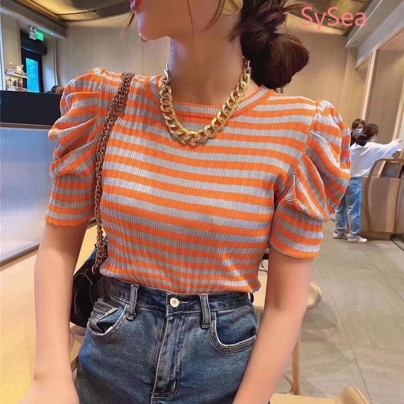 Áo Dệt Kim Tay Phồng Họa Tiết Kẻ Sọc Thời Trang Mùa Hè Hàn Quốc Cho Nữ