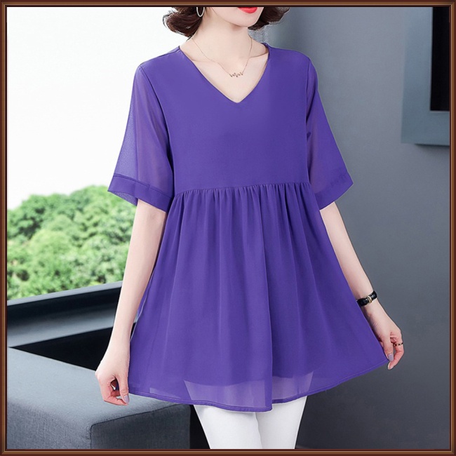 Áo Sơ Mi Chiffon Tay Ngắn Dáng Rộng Màu Sắc Đơn Giản Thanh Lịch Dành Cho Nữ