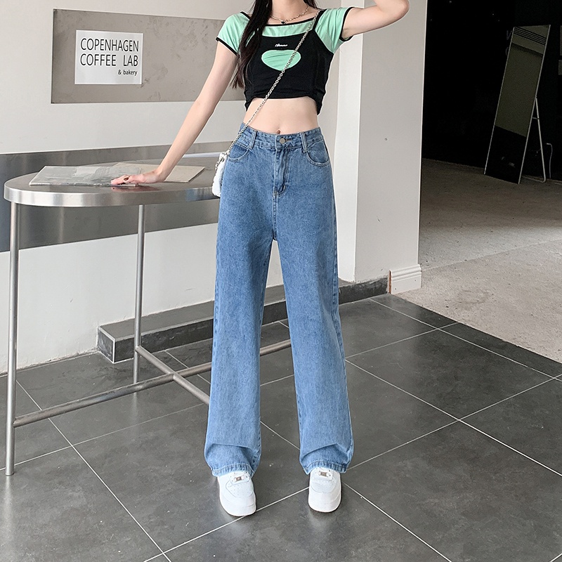 Quần Jeans Dài Lưng Cao Ống Rộng Phong Cách Hàn Quốc Cho Nữ