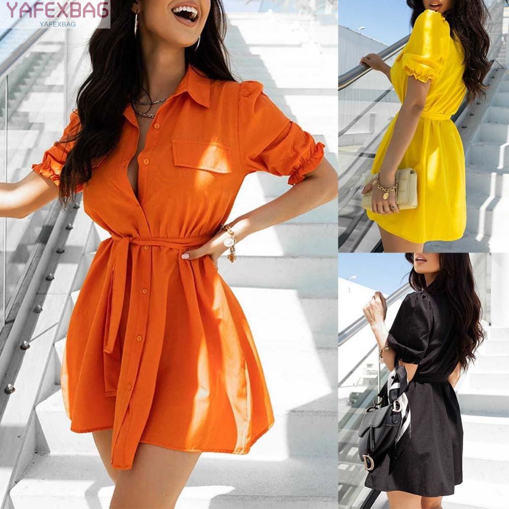 Women Shirt Dress Short Sleeve Button Soild Color Loose Casual Short Dresses