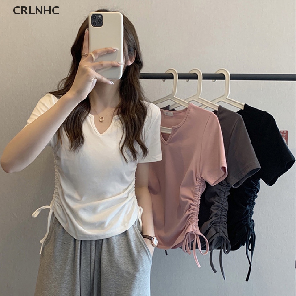 Áo Thun Tay Ngắn Cổ Chữ V Màu Sắc Đơn Giản Cho Nữ