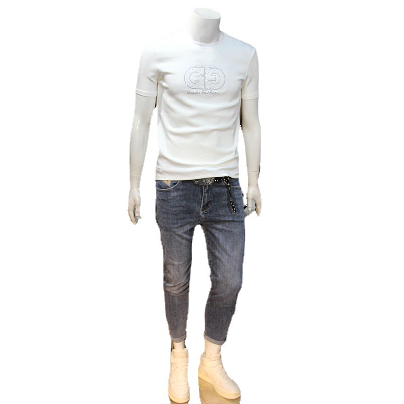 Áo Thun Cotton Tay Ngắn Cổ Tròn Dáng Ôm Thời Trang Mùa Hè 2023 Phong Cách Châu Âu Cho Nam