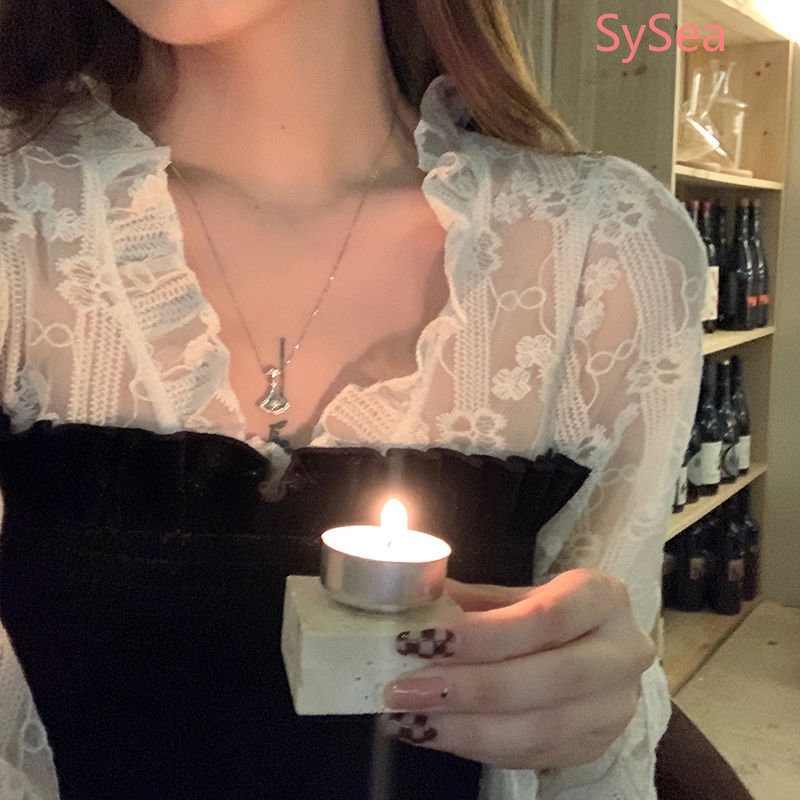 Áo Sơ Mi Dài Tay Phối Ren Phong Cách Hàn Quốc Thanh Lịch Cho Nữ