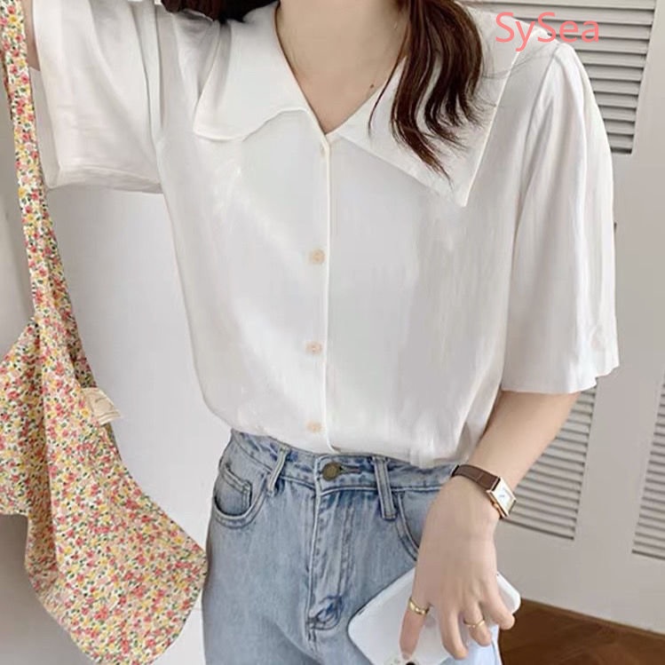 Áo Sơ Mi Trắng Tay Ngắn Cổ Chữ V Phong Cách Hàn Quốc Cho Nữ