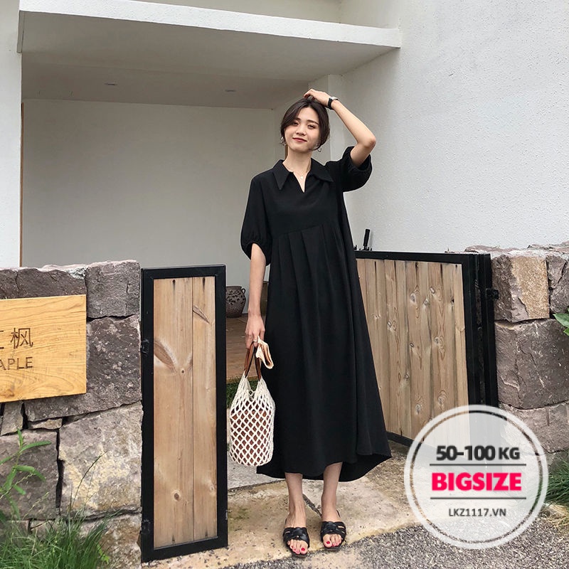 Váy đầm nữ Bigsize Đầm sơ mi dáng dài tay ngắn cổ chữ v đen mùa hè Phong cách Hàn Quốc Thời Trang đẹp