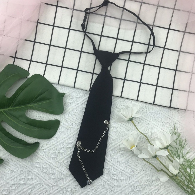 Cà Vạt Đen Phối Dây Xích Kim Loại Phong Cách Gothic Punk Cổ Điển Cho Đồng Phục Janpanese