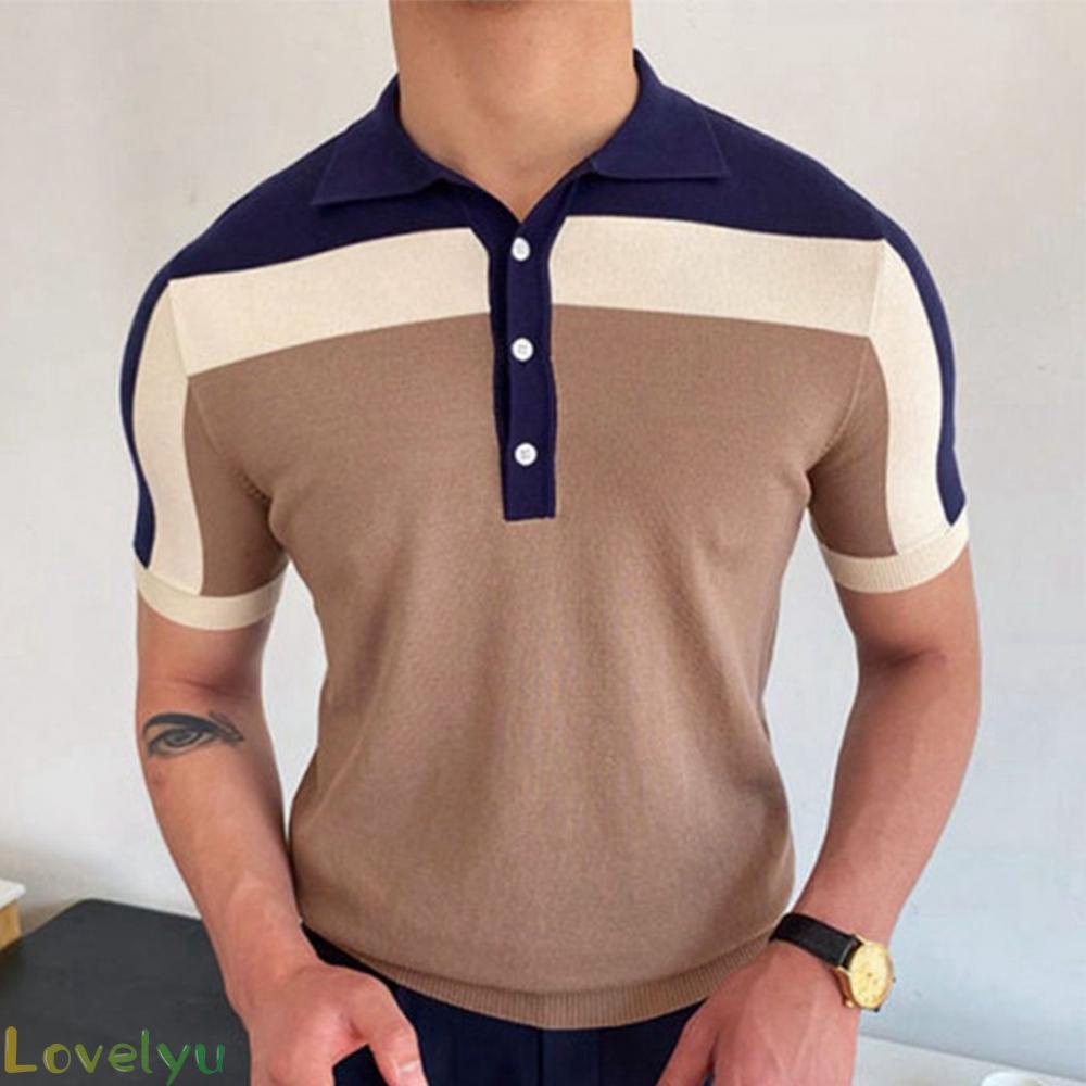 ⭐2023 ⭐Men Knitted T-Shirt Shirts Short Sleeve Striped Dress T-Shirt Tee Tops