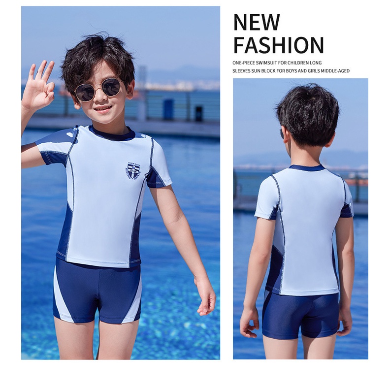 Bộ Đồ Bơi Áo Tay Ngắn + Quần Short Nhanh Khô Phối Màu Tương Phản Thời Trang Cho Bé Trai Và Gái