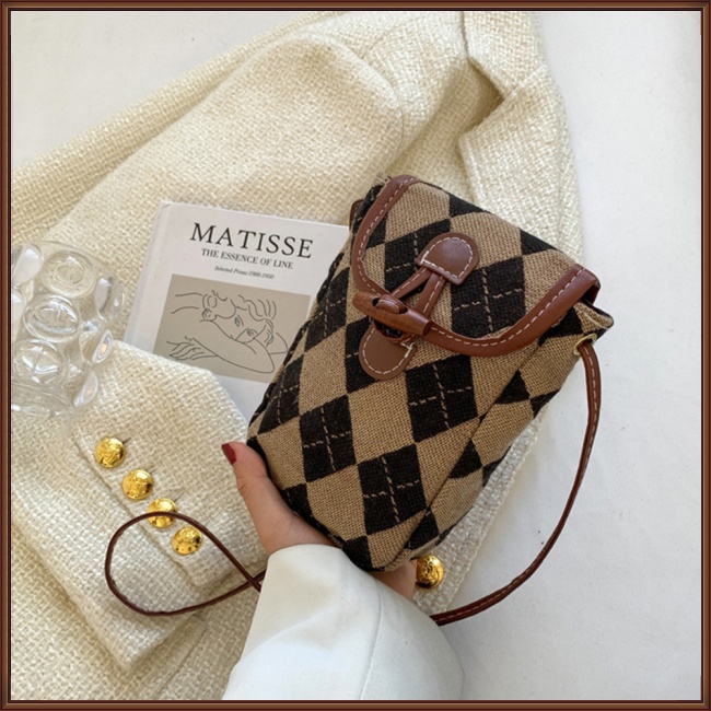 Túi Đeo Chéo Đựng Điện Thoại Có Khóa Kéo Họa Tiết Hình Thoi Đơn Giản Thời Trang Cho Nữ