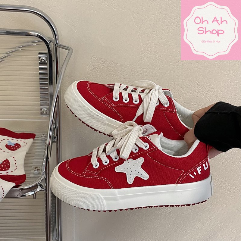🍓  Giày Nữ Đi Học Giày Vải Canvas Màu Đỏ Hình Ngôi Sao