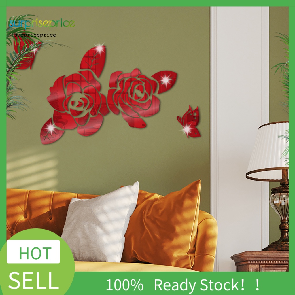 Decal dán tường Bằng Acrylic Họa Tiết Hoa Hồng Và Bướm 3D Tinh Xảo Có Thể Tháo Gỡ Trang Trí Nhà Cửa
