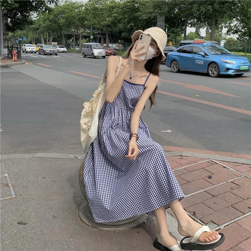 IELGY   Đầm Hai Dây Ôm Eo Họa Tiết Kẻ Sọc Phong Cách Pháp Thời Trang Cho Nữ