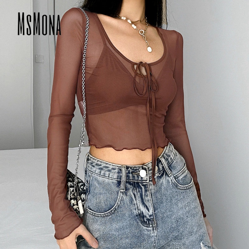 Áo Tank Top Cổ Chữ U Tay Dài Xuyên Thấu Màu Trơn Thời Trang 2023