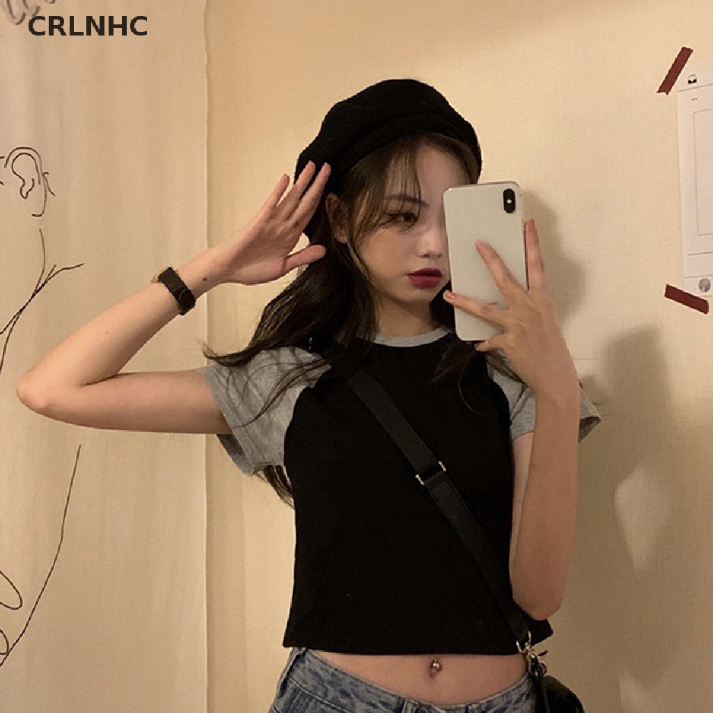 CRLNHC Áo Thun Croptop Tay Ngắn Cổ Tròn Màu Sắc Tương Phản Thời Trang Mùa Hè Cho Nữ