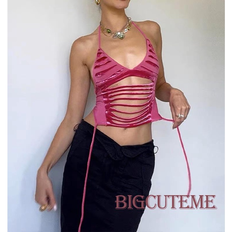 [] [] Áo Crop Top Hai Dây Màu Trơn Cổ Yếm Mùa Hè Cho Nữ