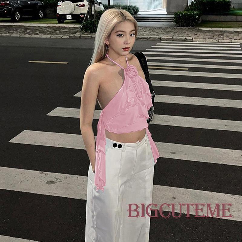 [] - Áo Không Tay Mini Mùa Hè Có Diềm Xếp Nếp Màu Trơn Họa Tiết Hoa 3D Màu Xanh Lam / Hồng / Trắng Cho Nữ