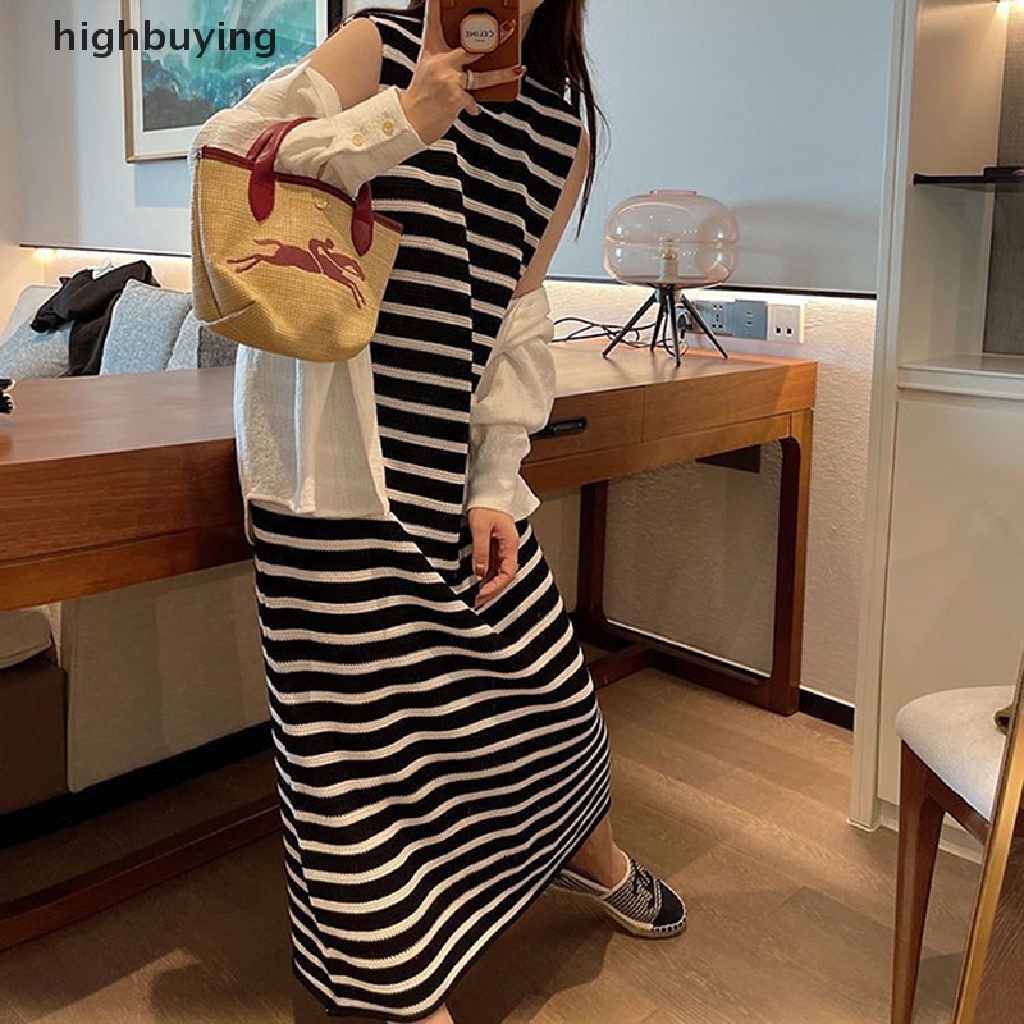 Đầm Dài Không Tay Họa Tiết Kẻ Sọc Phong Cách Hàn Quốc Cho Nữ