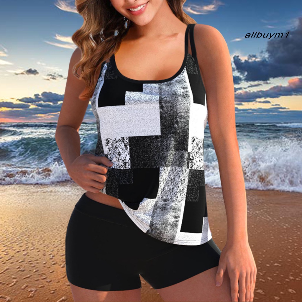 Bộ Đồ Bơi 2 Mảnh Gồm Áo Không Tay + Quần Ngắn In Họa Tiết Khối Màu Có Dây Đeo Cổ Kích Thước Lớn Cho Nữ