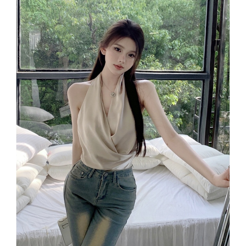 Áo Hai Dây Cổ Chữ V Vải Satin Họa Tiết Hoa Thời Trang Cho Nữ