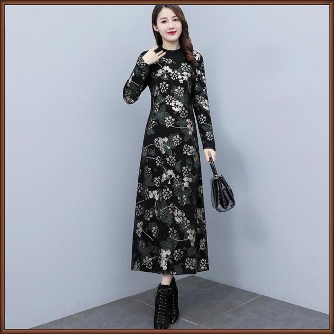 Đầm Chữ A Tay Dài Cổ Tròn In Họa Tiết Cổ Điển Thanh Lịch Dành Cho Nữ