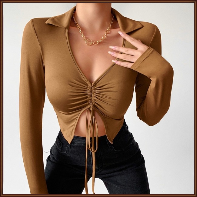 Áo Thun Tay Dài Cổ Chữ V Màu Sắc Đơn Giản Cho Nữ