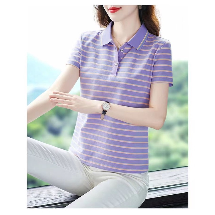 Áo Thun POLO Ngắn Tay Họa Tiết Sọc Thời Trang Dành Cho Nữ