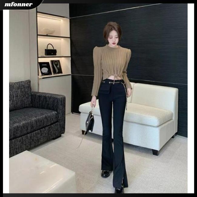 Áo Sweater Dệt Kim Tay Dài Cổ Tròn Màu Trơn Phối Dây Rút Thời Trang Cho Nữ
