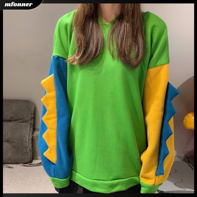Áo Hoodie Tay Dài Dáng Rộng In Hình Khủng Long Phối Màu Tương Phản Thời Trang Cho Nữ