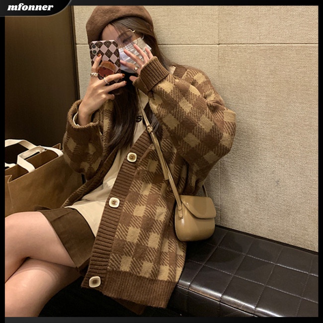 Áo Khoác Cardigan Dệt Kim Dáng Rộng Họa Tiết Kẻ Sọc Màu Tương Phản Thời Trang Cho Nữ